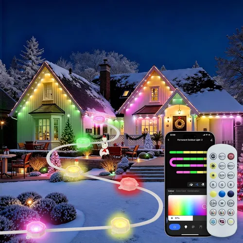 Vista 8 de Luces permanentes para exteriores para casa, IP67 impermeable con 60 luces RGB + IC, luces inteligentes de Navidad de 99.8 pies para exteriores