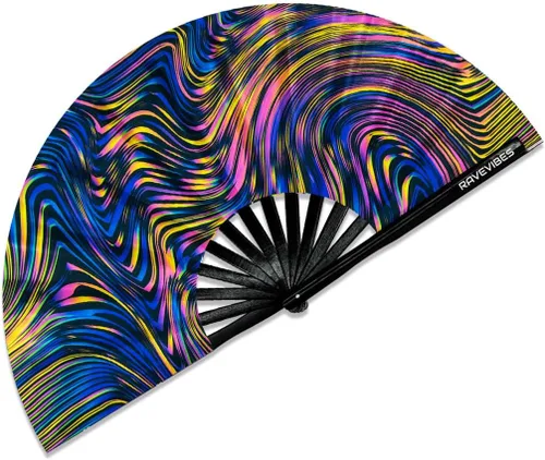Vista 8 de Ravevibes Ventilador de mano plegable grande de 13 pulgadas, ventilador de bambú para festivales de bambú, ventiladores plegables con brillo UV