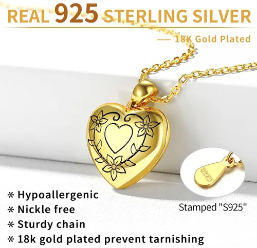 Vista 5 de ChicSilver Collar con medallón de flores grabadas de plata de ley 925 para mujeres que sostienen imágenes, medallón personalizado con imagen, cadena