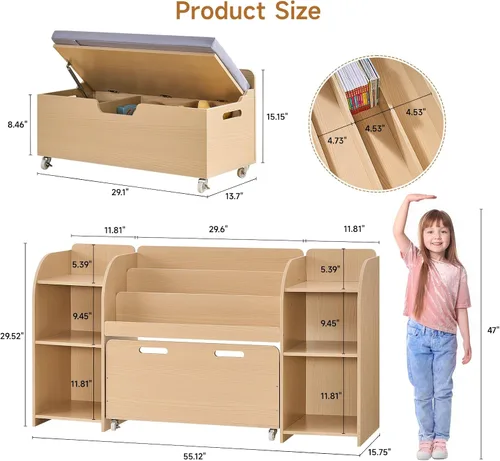 Vista 2 de ONBRILL Estantería para niños con rincón de lectura, organizador de almacenamiento de juguetes de 55.2 pulgadas, 6 cubos de almacenamiento