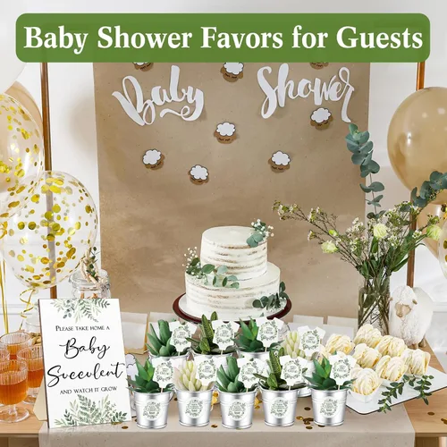 Vista 7 de Fulmoon 151 piezas de regalos de baby shower para invitados incluyen 1 letrero de vegetación, 50 etiquetas de reloj para suculentas, 50 cubos