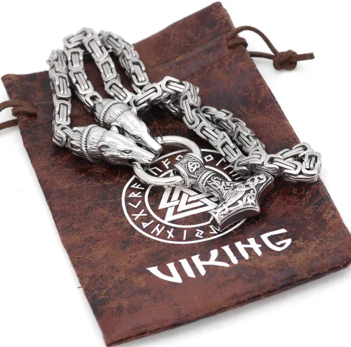 Vista 4 de GuoShuang Collar con colgante de cabeza de oso vikingo de acero inoxidable con Thor Mjolnir - Cadena King