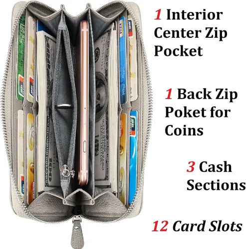 Vista 3 de YALUXE Carteras de cuero real con cremallera alrededor para mujer, bolso de mano, teléfono celular, tarjetero, protección de bloqueo RFID, Gris