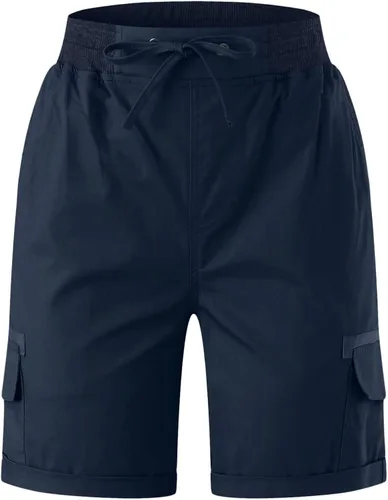Vista 4 de Womens Knee Length Linen with Pockets Casual Loose Drawstring Bermuda Sports High Rise Active Shorts Trousers Pants Navy