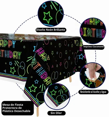 Vista 3 de Paquete de 3 suministros para manteles de fiesta que brillan en la oscuridad, mantel desechable de plástico neón, mantel rectangular con estampado