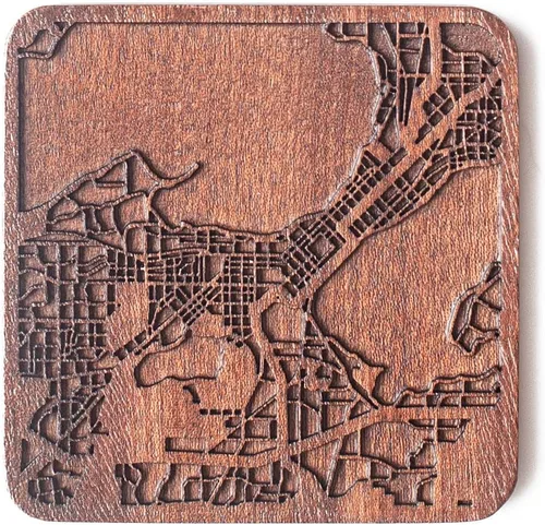 Vista 140 de Posavasos Amsterdam Map by O3 Design Studio, 1 pieza, posavasos de madera Sapele con mapa de la ciudad, hecho a mano, varias ciudades opcionales
