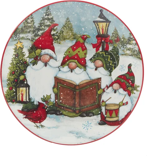 Vista 2 de Certified International Platos de ensalada y postre de gnomos navideños de 9 pulgadas, diseños surtidos, multicolor, mediano, juego de 4