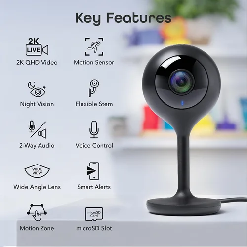 Vista 2 de Geeni Look 2K 4MP Cámara de seguridad inteligente para interiores – 1440p Ultra HD WiFi Monitor para mascotas y bebés con audio de 2 vías, zonas