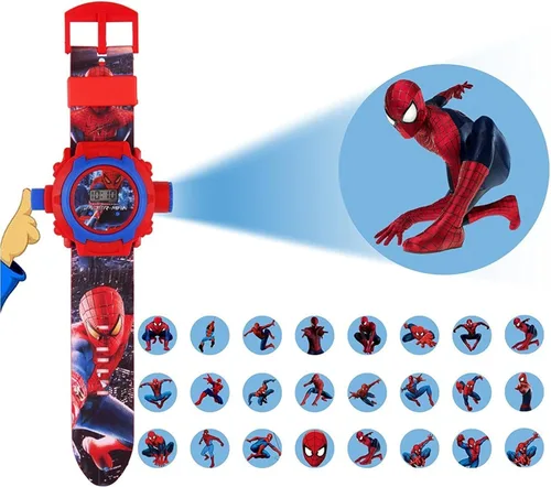 Vista 2 de Pappi Haunt Kids Favorite - Paquete de 2 relojes de pulsera con proyector Spiderman para niños, niños y automóvil, reloj despertador de escritorio
