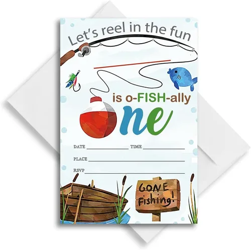 Vista 4 de Pesca 1st O-Fish-Ally - Decoraciones de un cumpleaños, celebración de fiesta de pesca, invitaciones de pesca para cumpleaños. (086)