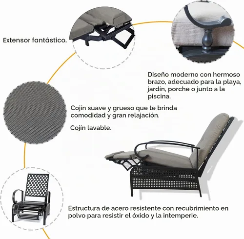 Vista 5 de Kozyard Sillón reclinable ajustable para exteriores, tumbona acolchada para patio con marco de metal extensible para tomar el sol, leer y relajarse