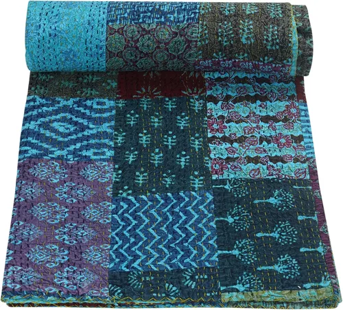 Vista 23 de Marubhumi Colchas hechas a mano tradicional de algodón puro con estampado de cachemira Kantha, funda de cama reversible con estampado de cachemira