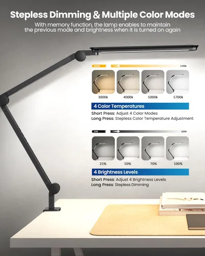 Vista 2 de Lámpara de escritorio LED con abrazadera, luz de escritorio de arquitecto de doble luz ultra brillante con brazo oscilante ajustable, 4 modos