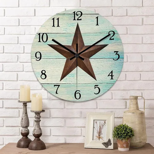 Vista 9 de Reloj de pared antiguo con estrella del oeste de Texas vintage, reloj de madera sin tictac, silencioso funciona con pilas, fácil de leer, reloj