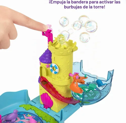 Vista 6 de Polly Pocket Acuario con tema submarino, 2 características de fabricación de burbujas, piscina, micro polly y muñeca de sirena, solución de burbujas