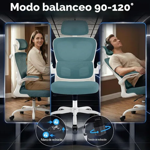 Vista 9 de AreShark Silla de Oficina Ergonómica con Soporte Lumbar Ajustable y Gancho para Respaldo, Silla de Malla Transpirable con Respaldo Alto y Ruedas
