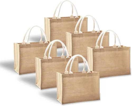 Vista 18 de Bolsas de viaje de yute, juego de 10 bolsas de arpillera, medianas de 14.5 x 6.7 x 10.2 pulgadas, bolsa reutilizable para fiestas, bodas, playa