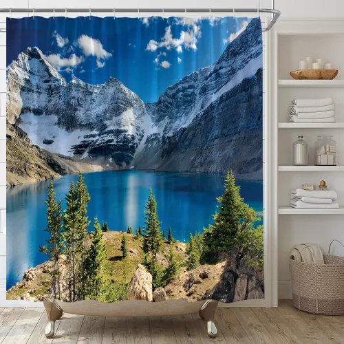 Vista 4 de Cortina de ducha escénica de montaña, naturaleza, montaña, lago, cielo azul, nube, paisaje, simple, tela para el hogar, juego de decoración de baño
