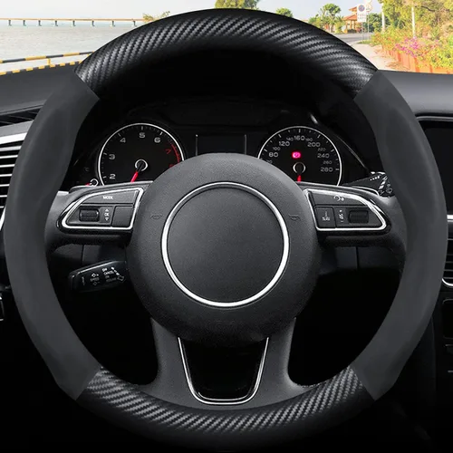 Vista 3 de Ergocar Funda para Volante de Forma Redonda de Fibra de Carbono y Cuero PU de Microfibra Antideslizante Protector de Volante de Automóvil Negro