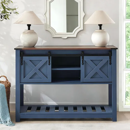 Vista 3 de Mesa de entrada azul de granja, mesa de pasillo rústica con estante de almacenamiento, mesa de sofá con puertas correderas de granero para pasillo