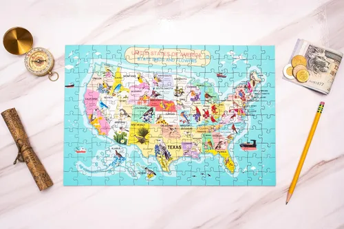 Vista 2 de Rompecabezas de madera con mapa de pájaros y flores del estado de EE. UU., 152 piezas, 15 x 10 pulgadas