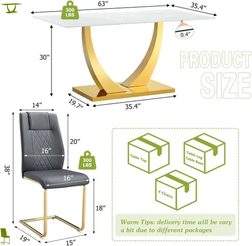 Vista 5 de Juego de mesa de comedor para 4, mesa de comedor de mármol sintético de 63 pulgadas con patas y base de acero inoxidable, sillas acolchadas