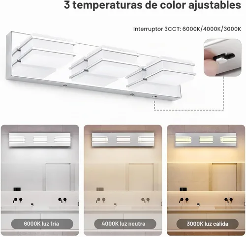 Vista 2 de 3 lámparas de baño regulables de temperatura de color para sobre espejo, lámparas de tocador LED cromadas de 3 luces, lámparas de tocador de baño