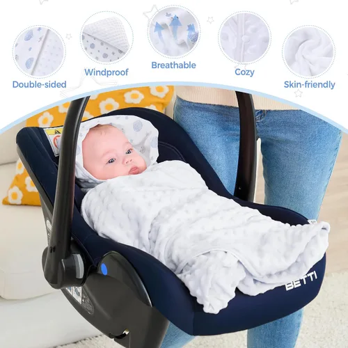Vista 5 de Miracle Baby Manta de asiento de automóvil para bebés, manta ligera de algodón con arnés de 3/5 puntos, envoltura suave de lunares Minky para bebés