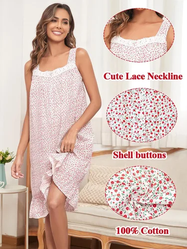 Vista 6 de Camisones 100% algodón para mujer, sin mangas, ropa de dormir, ropa de dormir, camisón ligero, cómodo y suave