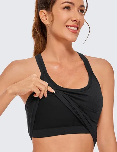 Vista 4 de CRZ YOGA - Camisetas sin mangas acanaladas con espalda cruzada para mujer con brasier incorporado - Camiseta atlética larga y acolchada con cuello