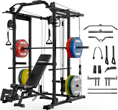 Vista 23 de Mikolo Jaula de Potencia, Rack de Potencia con Sistema de Cruce de Cables, 1500LBS Rack para Sentadillas con Sistema de Jalón LAT, Jaula de Negro
