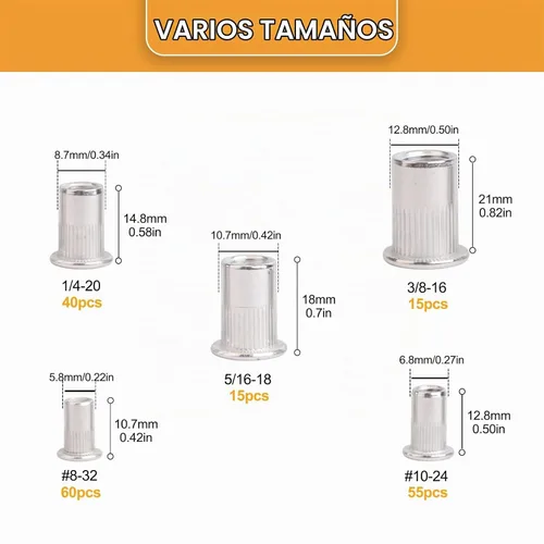 Vista 6 de Surtido de tuercas remachables SAE, VIGRUE 185 piezas #8-32#10-24 1/4"-20 5/16"-18 3/8"-16 304 Tuercas de inserción roscadas de acero inoxidable