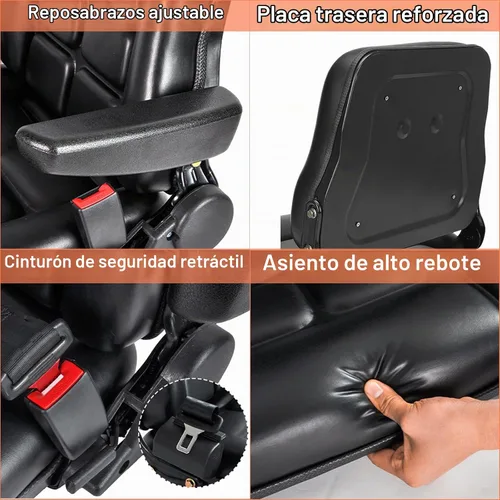 Vista 4 de Asiento universal ajustable para carretilla elevadora con cinturón de seguridad y reposabrazos, respaldo ajustable y riel deslizante Asiento