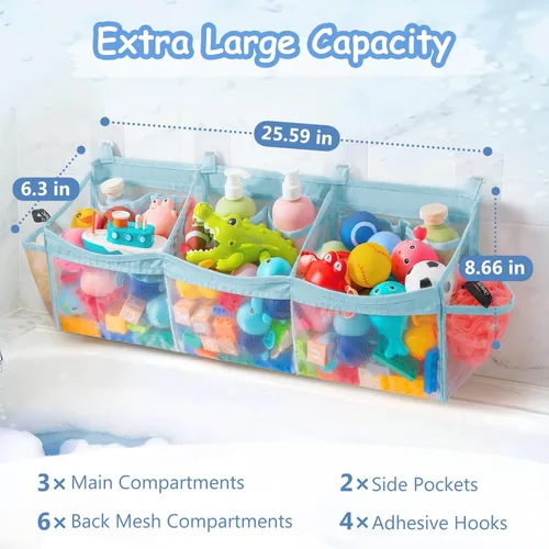 Vista 2 de Extra Large Bath Toy Organizer with 3 Compartments and Multiple Pockets, Quick-Dry Mesh Bathtub Storage for Kids' Toys (Blue)