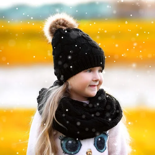 Vista 2 de Gorro de invierno para niños pequeños, con pompones, bufanda infinita, forro polar cálido para bebés y niñas