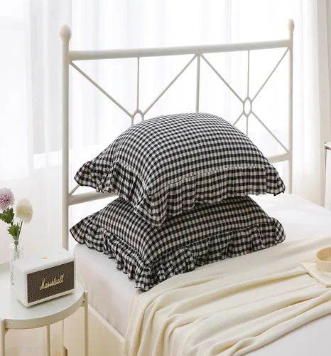 Vista 9 de Fundas de almohada cuadradas a cuadros en blanco y negro con volantes, fundas de almohada a cuadros, fundas de almohada de gingham, fundas