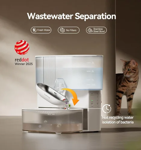 Vista 2 de Fuente de agua inalámbrica para gatos sin filtros, Separación de aguas residuales, Cuenco de acero inoxidable FEELNEEDY, Fuente de agua