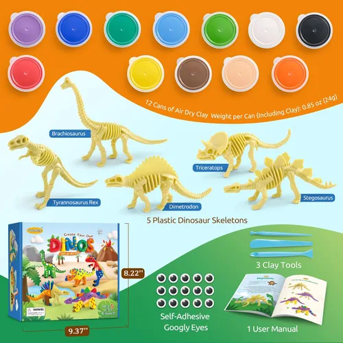Vista 2 de Kit de arcilla de aire seco de dinosaurios de Drama Planet – Crea 5 modelos de dinosaurios con 12 colores de arcilla para modelar, guía