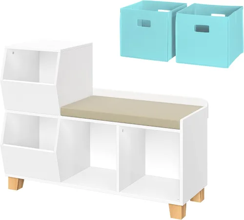 Vista 8 de RiverRidge Banco organizador de almacenamiento de juguetes para niños con cubos y cubos de juguetes para sala de juegos, organizador de cubos