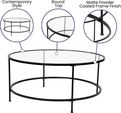 Vista 4 de Flash Furniture Astoria Collection - Mesa de centro redonda, moderna mesa de centro de cristal transparente, marco dorado mate