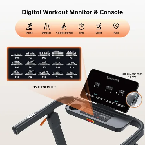 Vista 8 de Vitalwalk Foldable Treadmill with Auto Incline, 48"x18" Wide Running Belt, 10MPH, 3.5HP Brushless, Walking Pad Treadmill for Home, Auto Folding, No