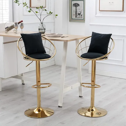 Vista 3 de Taburete de bar de terciopelo ajustable, juego de 2, taburete de bar altura de mostrador con diseño de rejilla trasera, base dorada, almohada