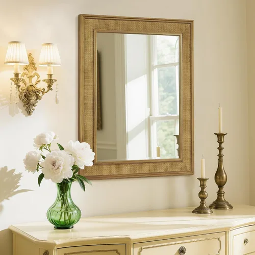 Vista 3 de WallBeyond Espejo de Pared de Ratán Rectangular, Espejo de Ratán de 22 X 28 Pulgadas con Marco de Madera para Decoración de Pared, Baño, Sala