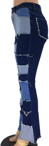 Vista 2 de PAODIKUAI Jeans de retazos para mujer, con dobladillo sin procesar, corte de bota