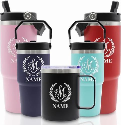 Vista 7 de Vasos de acero inoxidable grabados personalizados con nombres, tazas aisladas personalizadas con asa, taza de café de viaje, regalos para ella/él