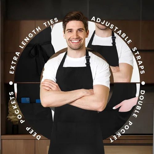 Vista 4 de Adjustable Bib Apron 100% Polyester Kitchen Aprons Waterdrop Resistant Aprons with Adjustable Strap, Pockets & Long Ties