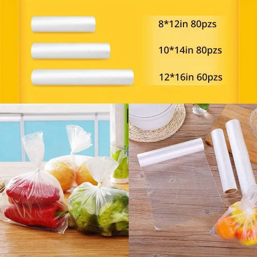 Vista 2 de 3 rollos de bolsas de plástico desechables para almacenamiento de alimentos - 3 tamaños - 240 bolsas