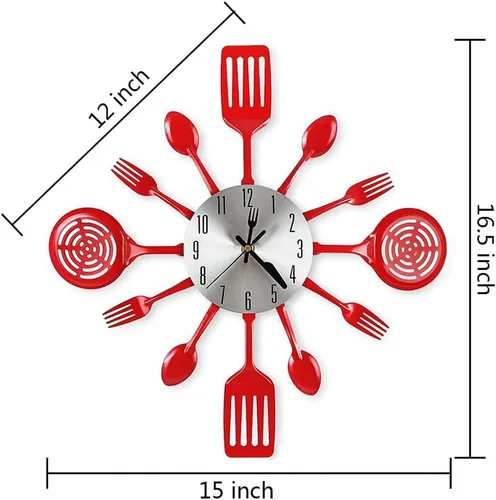 Vista 5 de Herich - Reloj de pared de cocina de 16 pulgadas con cucharas y tenedores, reloj de pared 3D para decoración del hogar (rojo)