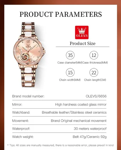 Vista 6 de OLEVS Reloj para mujer automático automático mecánico reloj de pulsera para mujer, cara grande, dos tonos, acero inoxidable, pulsera de cerámica