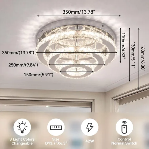 Vista 7 de Lámpara de Araña Empotrada LED de Cristal de 13.8 Pulgadas, Lámpara de Techo de 3 Niveles de Cristal para Dormitorios, Comedor, Sala de Estar, 3